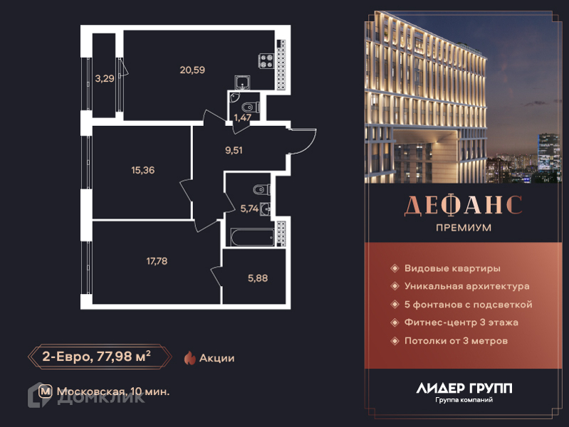 Планировка: 2 комнаты · 77,9 м²