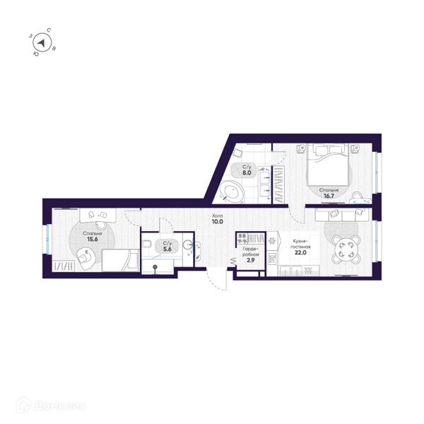 Планировка: 2 комнаты · 80,8 м²