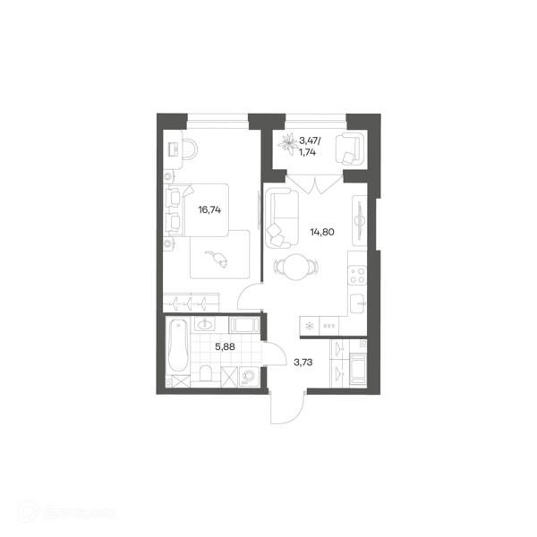 Планировка: 1 комната · 42,89 м²