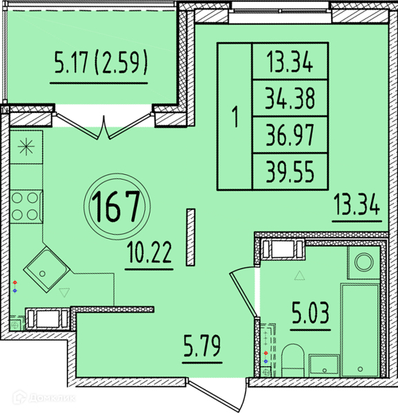Планировка: 1 комната · 34,38 м²