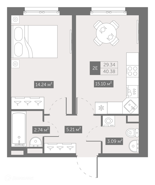 Планировка: 1 комната · 40,4 м²