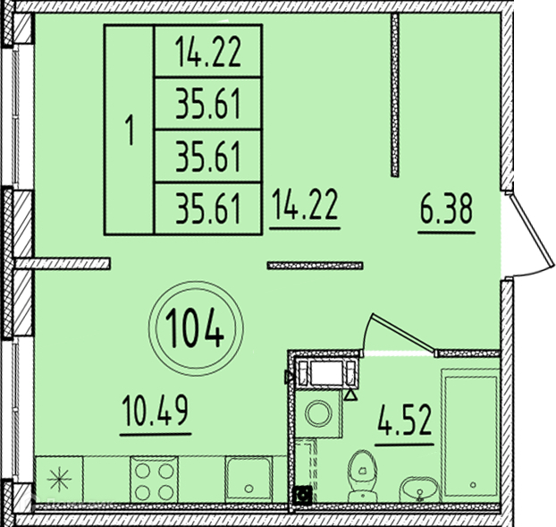 Планировка квартиры: 1 комната · 35,61 м²