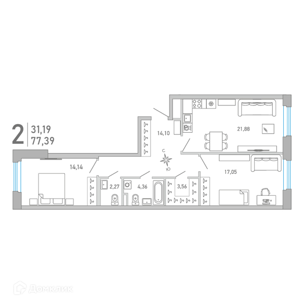 Планировка: 2 комнаты · 77,32 м²