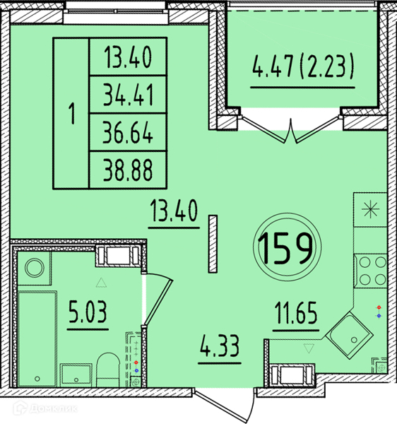 Планировка: 1 комната · 34,41 м²