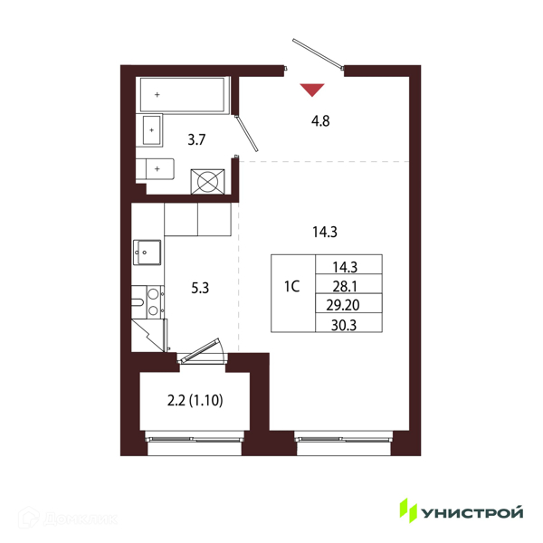 Планировка: Студия · 29,2 м²