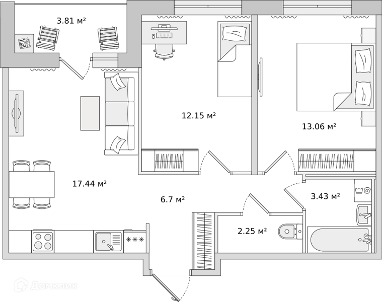 Планировка: 2 комнаты · 58,84 м²