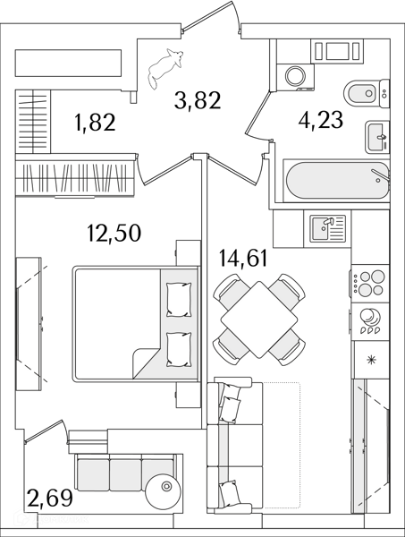 Планировка: 1 комната · 38,2 м²