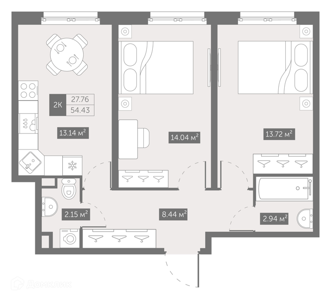 Планировка: 2 комнаты · 55,1 м²