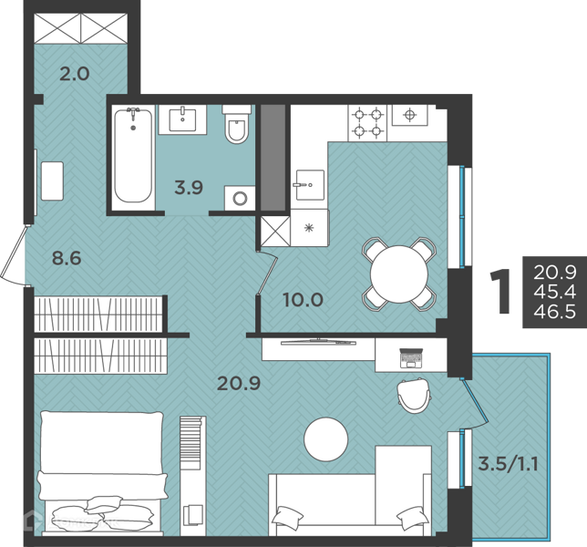 Планировка: 1 комната · 46,5 м²