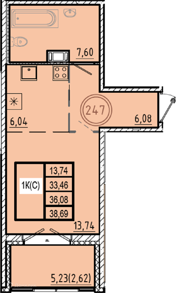 Планировка: Студия · 33,46 м²