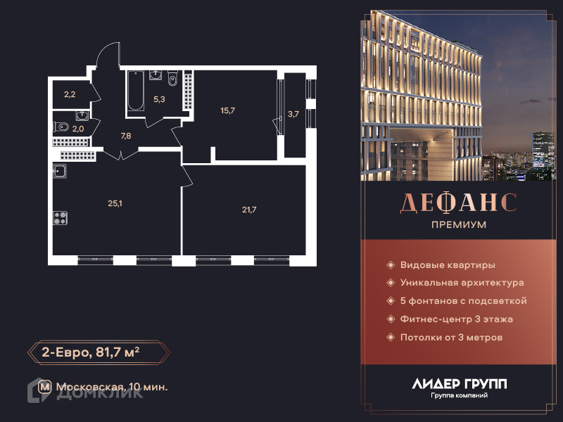 Планировка: 2 комнаты · 81,7 м²