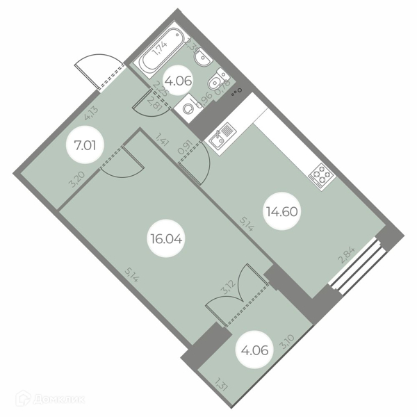 Планировка: 1 комната · 43,74 м²