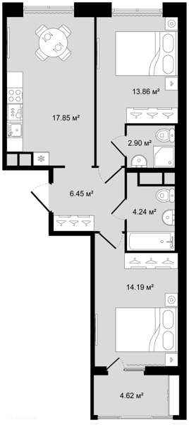 Планировка: 2 комнаты · 61,8 м²