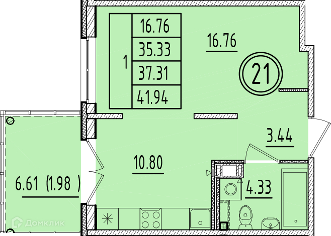 Планировка: 1 комната · 35,33 м²