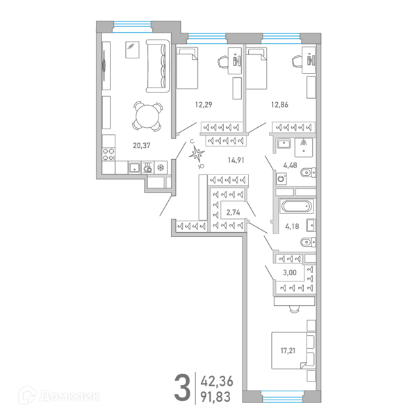 Планировка: 3 комнаты · 91,83 м²