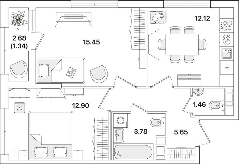Планировка: 2 комнаты · 52,3 м²