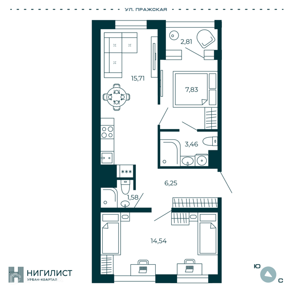 Планировка: 2 комнаты · 50,78 м²
