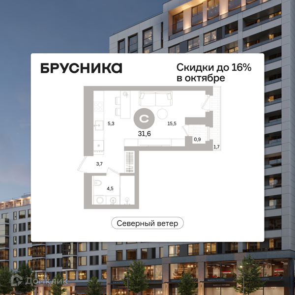 Планировка квартиры: Студия · 31,64 м²