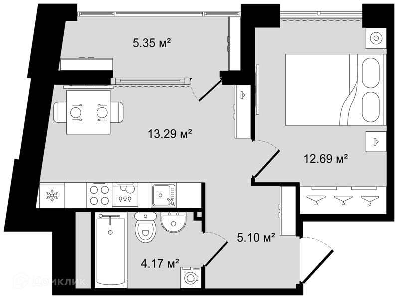 Планировка квартиры: 1 комната · 37,93 м²