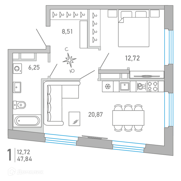 Планировка: 1 комната · 47,82 м²