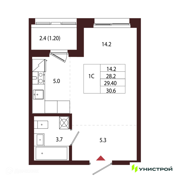 Планировка: Студия · 29,4 м²