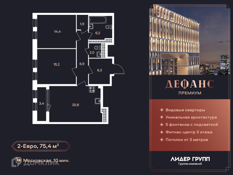 Планировка: 2 комнаты · 75,4 м²