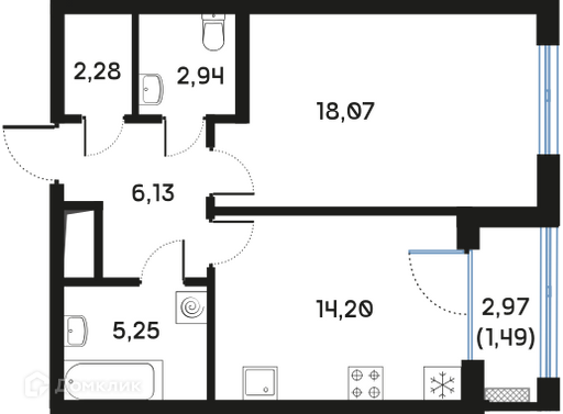 Планировка: 1 комната · 50,5 м²