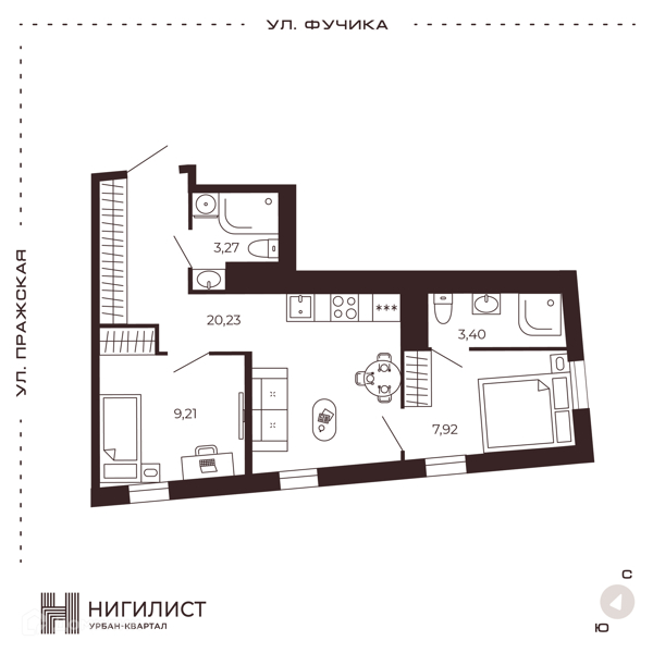 Планировка: 2 комнаты · 44,03 м²