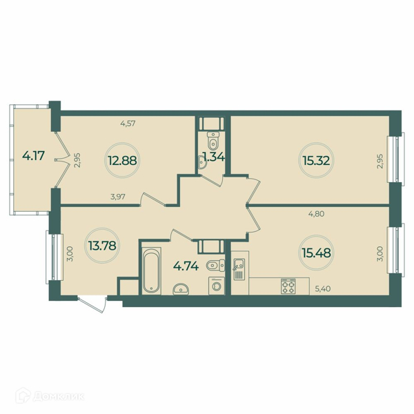 Планировка: 2 комнаты · 64,79 м²