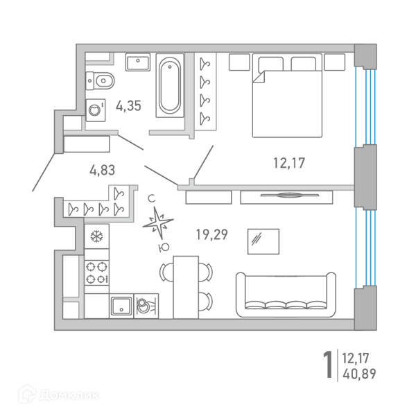Планировка: 1 комната · 40,9 м²