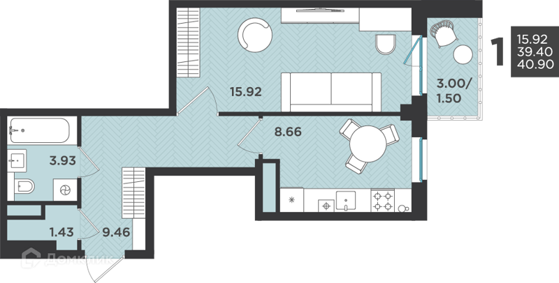 Планировка: 1 комната · 40,9 м²