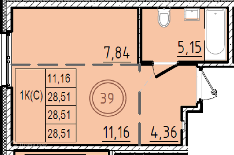 Планировка: Студия · 28,51 м²