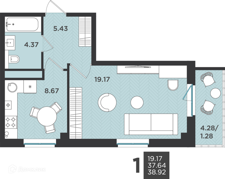 Планировка: 1 комната · 38,92 м²