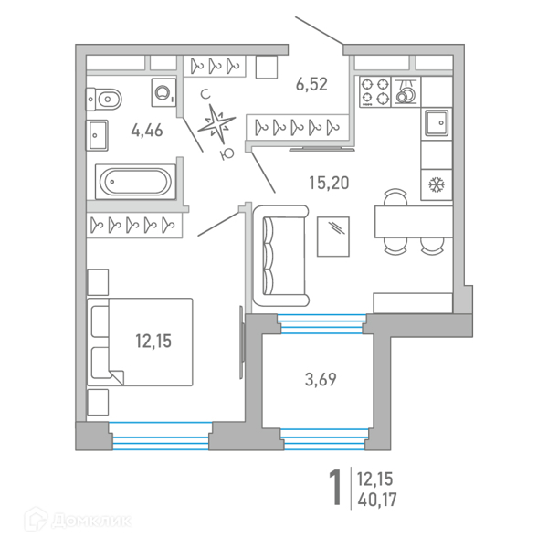 Планировка квартиры: 1 комната · 40,17 м²