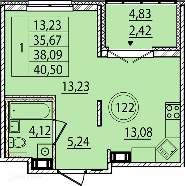 Планировка: 1 комната · 35,67 м²
