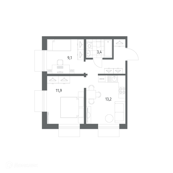 Планировка квартиры: 2 комнаты · 43,5 м²