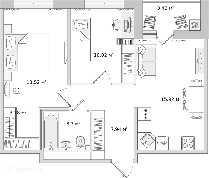Планировка: 2 комнаты · 57,71 м²