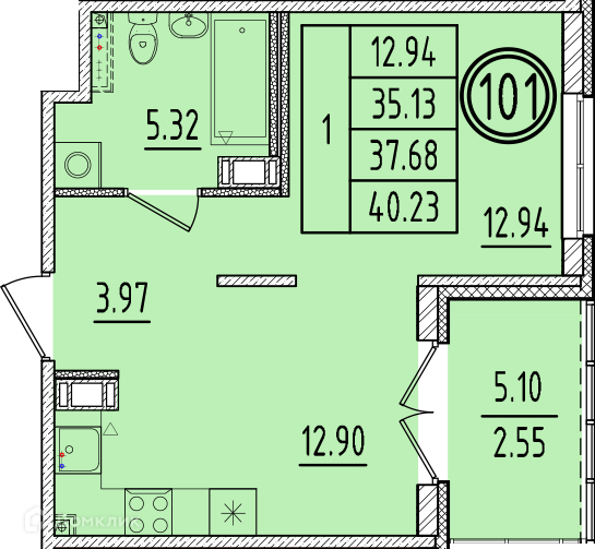 Планировка: 1 комната · 35,13 м²
