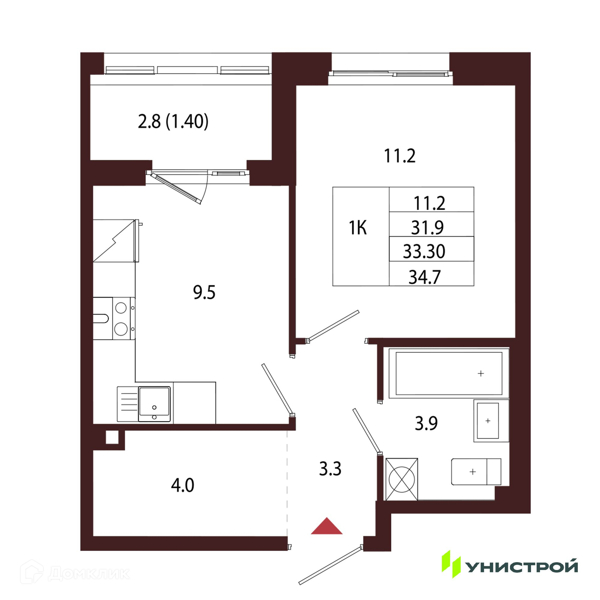 Планировка: 1 комната · 33,3 м²