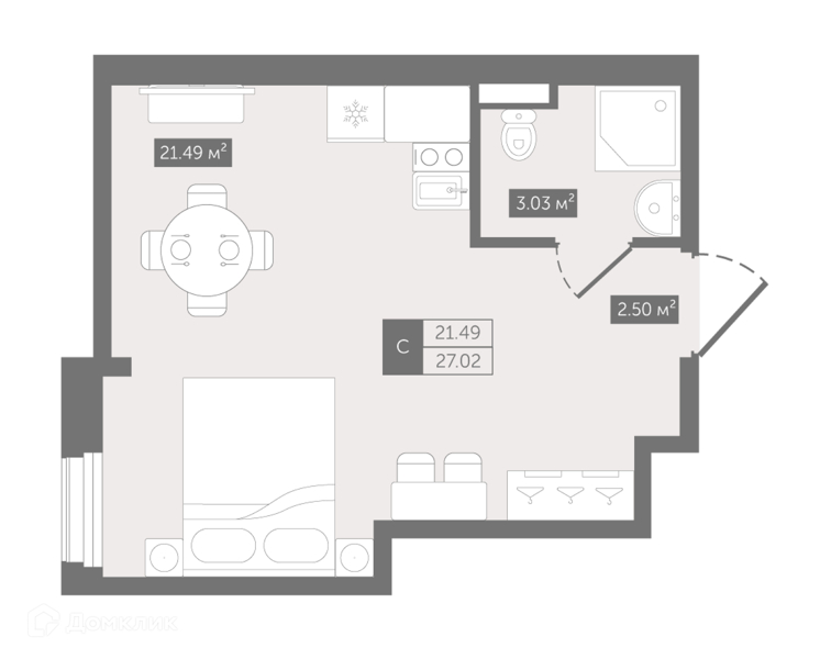 Планировка: Студия · 27,9 м²