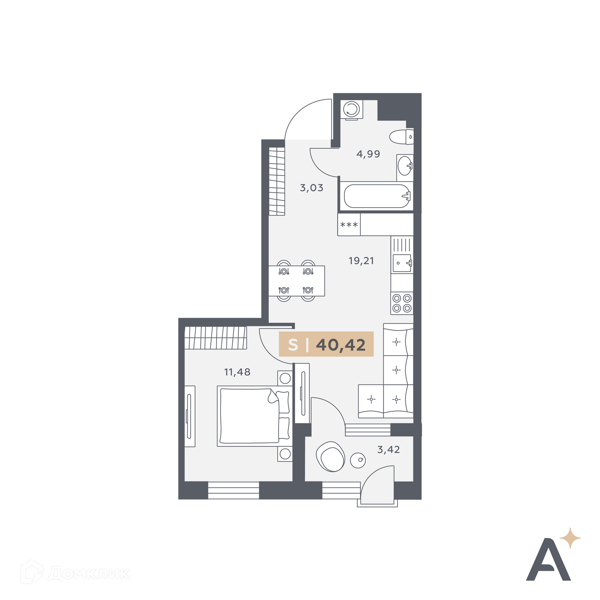 Планировка: 1 комната · 40,42 м²