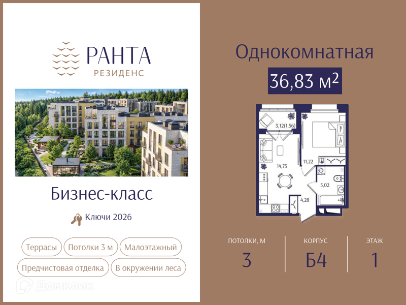 Планировка: 1 комната · 36,83 м²