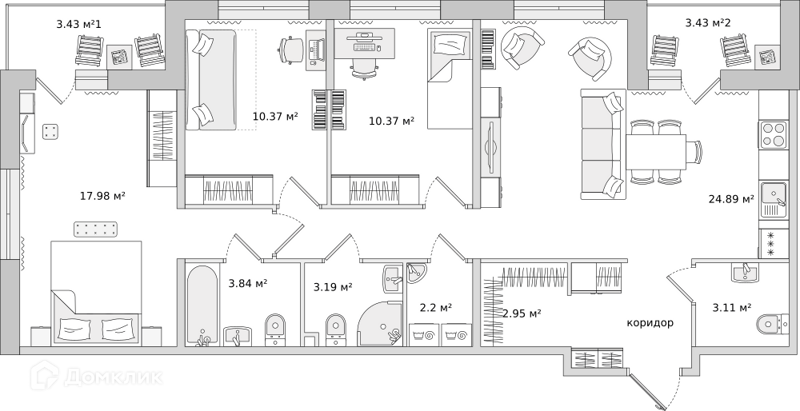 Планировка: 3 комнаты · 95,48 м²