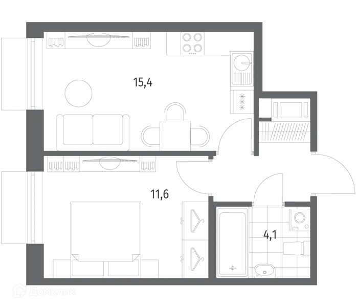 Планировка: 1 комната · 34,9 м²