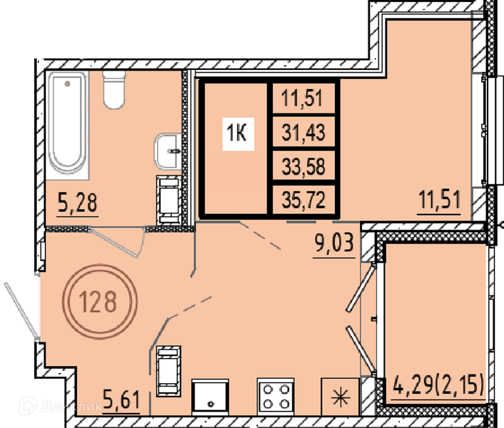 Планировка квартиры: 1 комната · 31,43 м²