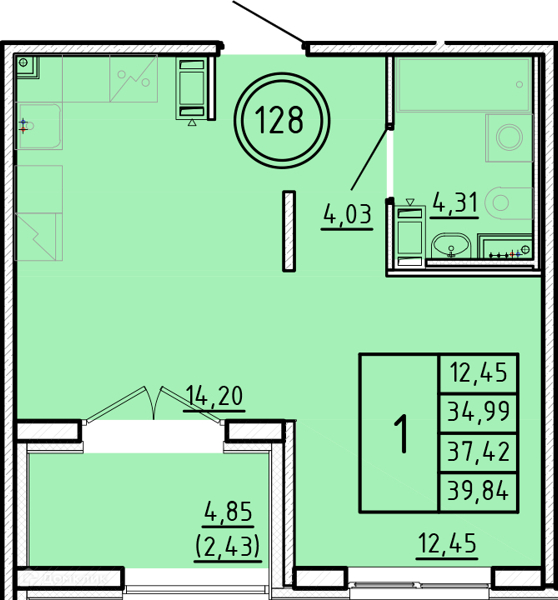 Планировка квартиры: 1 комната · 34,99 м²