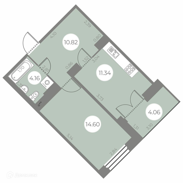 Планировка: 1 комната · 42,95 м²