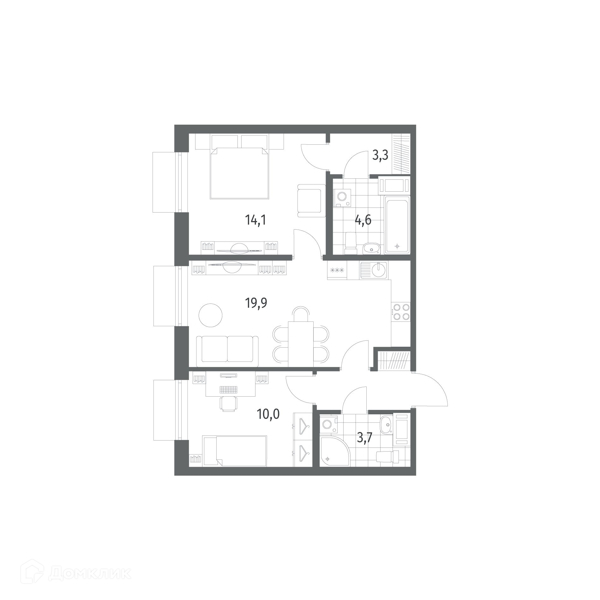 Планировка: 2 комнаты · 59,3 м²