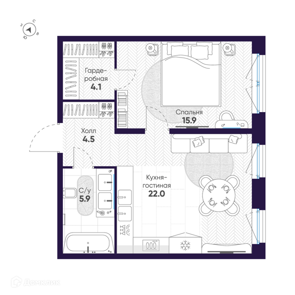 Планировка: 1 комната · 52,4 м²