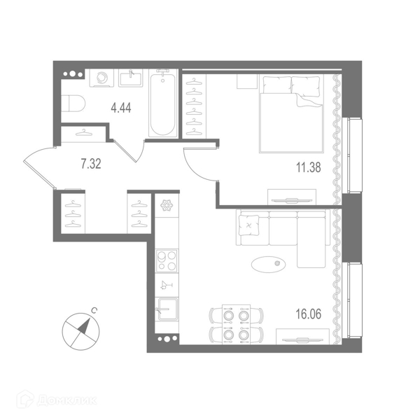 Планировка: 1 комната · 39,2 м²